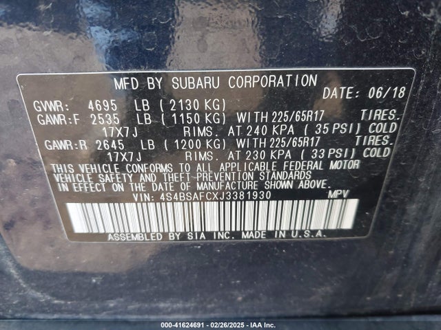 4S4BSAFCXJ3381930 Subaru Outback 2.5i Premium