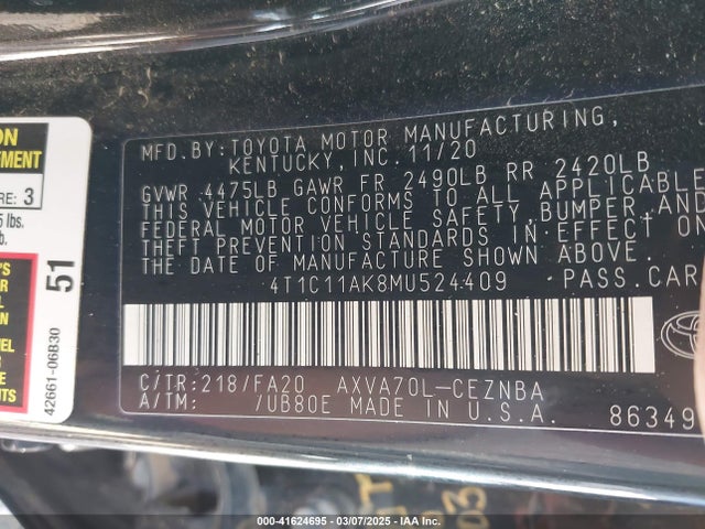 4T1C11AK8MU524409 Toyota a25a-fks