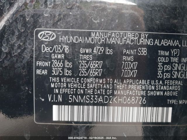 5NMS33AD2KH068726 Hyundai Santa Fe Sel