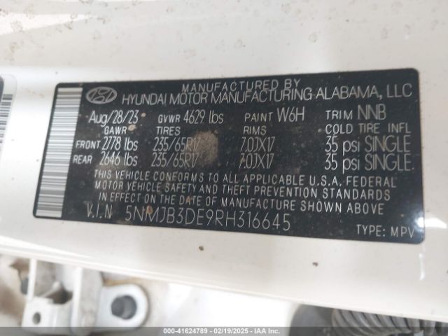 5NMJB3DE9RH316645 Hyundai TUCSON SEL