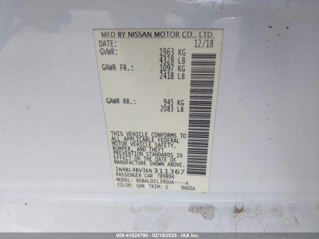 Nissan Altima 2.5 S 2019 1N4BL4BV3KN311367 Image 9