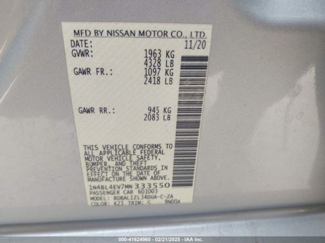 1N4BL4EV7MN333550 Nissan Altima Sl Fwd