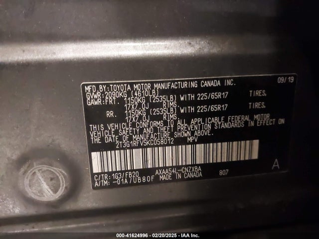 2T3G1RFV5KC058012 Toyota RAV4 LE