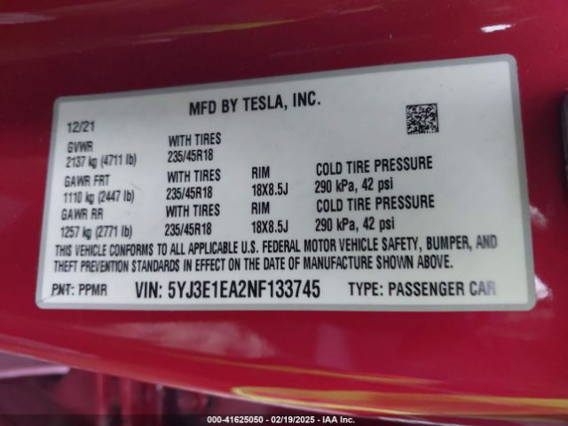 2022 TESLA MODEL 3 5YJ3E1EA2NF133745 Photo 8