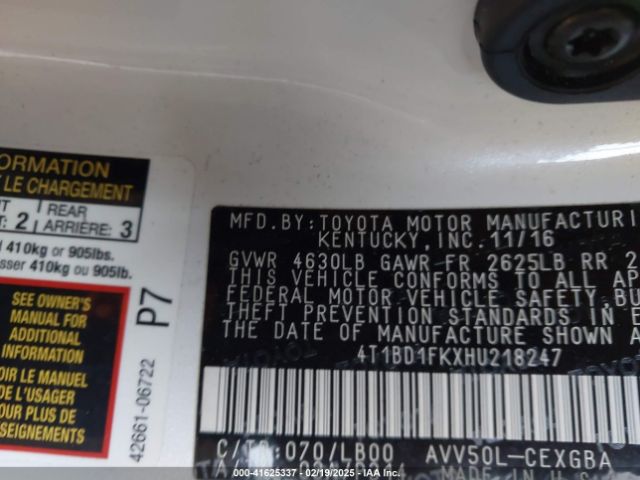 4T1BD1FKXHU218247 Toyota Camry Hybrid Xle