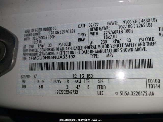 1FMCU9H95NUA33192 Ford ESCAPE SEL
