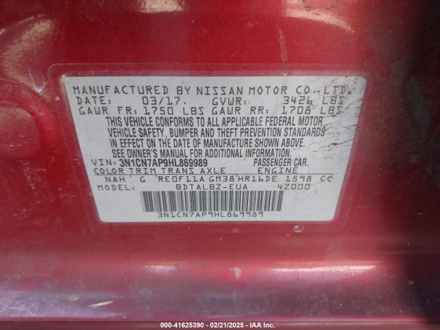 3N1CN7AP9HL869989 Nissan Versa 1.6 Sv