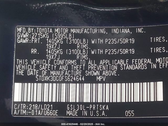 5TDXK3DC0FS624644 Toyota Sienna Se 8 Passenger