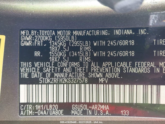 5TDKZRFH2KS327578 Toyota Highlander Se/xle