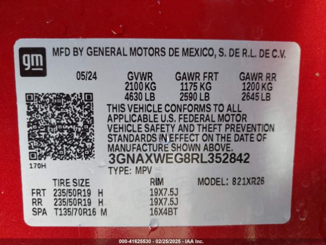 3GNAXWEG8RL352842 Chevrolet Equinox Awd Rs