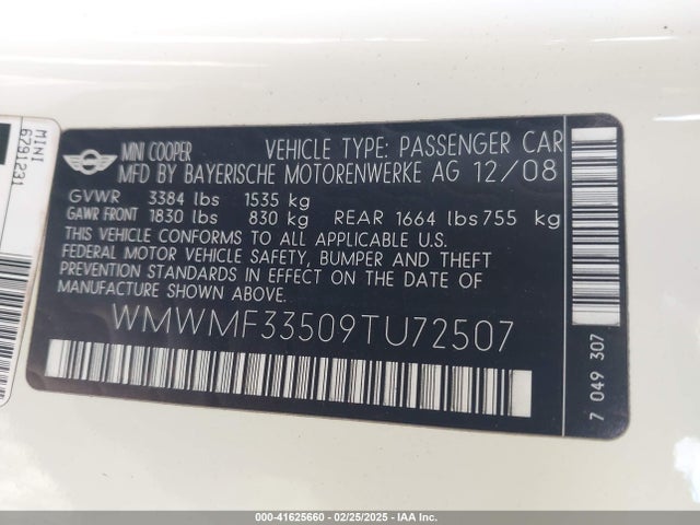 2009 MINI COOPER WMWMF33509TU72507 Photo 8