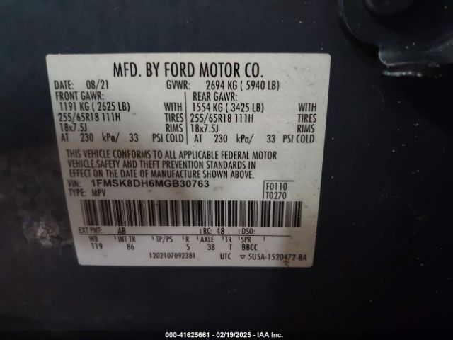 1FMSK8DH6MGB30763 Ford EXPLORER XLT