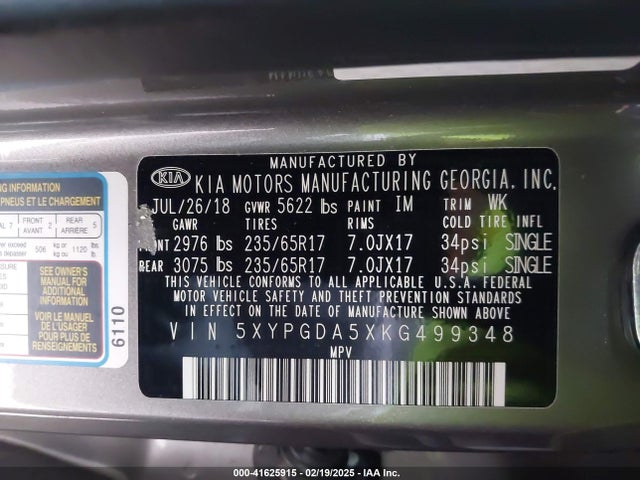 5XYPGDA5XKG499348 KIA Sorento 3.3l Lx