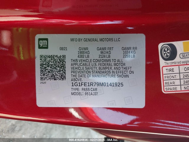 Chevrolet Camaro Rwd  Lt1 2021 1G1FE1R79M0141925 Image 9