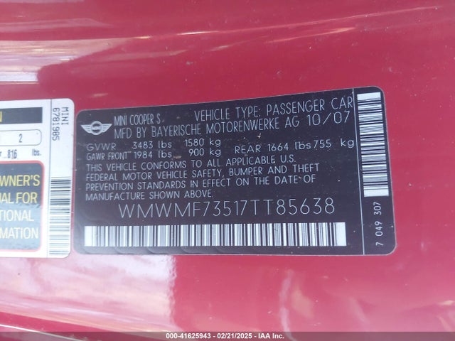 2007 MINI COOPER S WMWMF73517TT85638 Photo 8