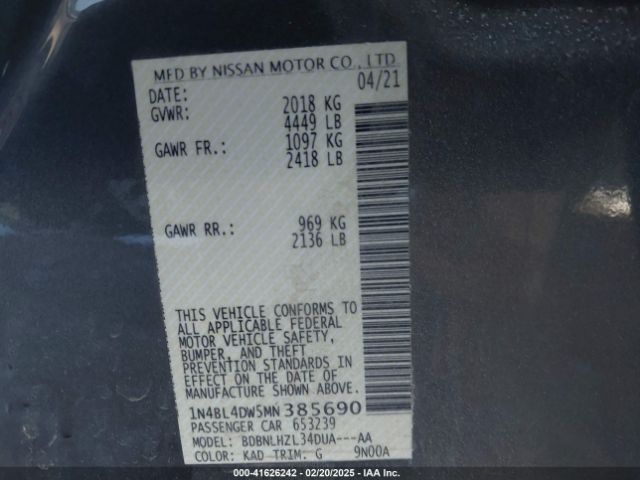 1N4BL4DW5MN385690 Nissan Altima Sv Intelligent Awd