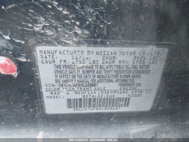 3N1CN7AP8HL828687 Nissan Versa 1.6 S+