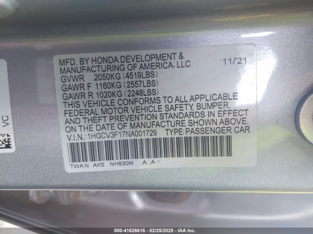 1HGCV3F17NA001729 Honda ACCORD HYBRID