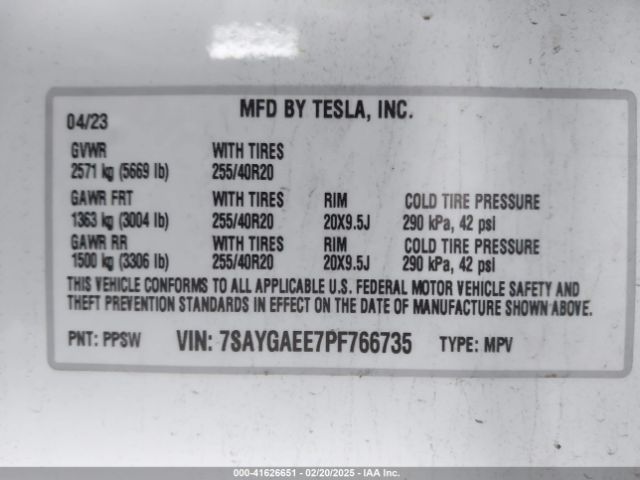 7SAYGAEE7PF766735 Tesla Model Y Awd/long Range Dual Motor All-wheel Drive