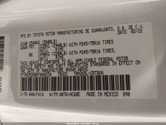 3TYRX5GN0NT048334 Toyota Tacoma Sr