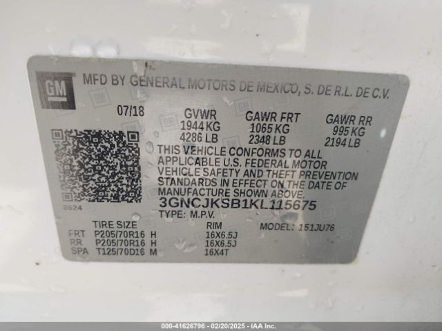 3GNCJKSB1KL115675 Chevrolet TRAX LS