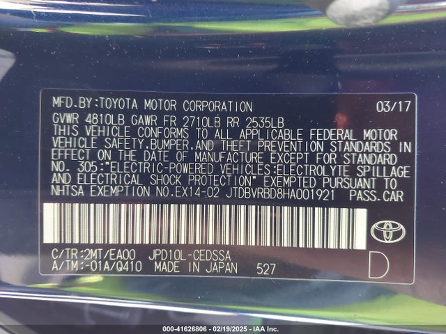 JTDBVRBD8HA001921 Toyota Mirai
