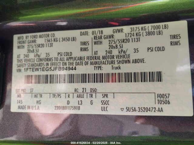 1FTEW1EG5JFB94944 Ford F-150 Lariat