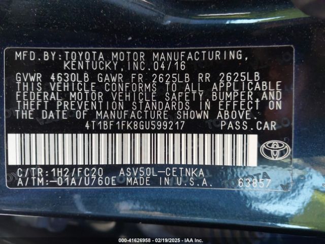 4T1BF1FK8GU599217 Toyota CAMRY LE