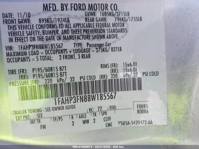 Aukcja sprzedaży 2011 Ford Focus Se, vin: 1FAHP3FN8BW185567, numer aukcji: 41626973