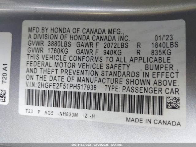 2HGFE2F51PH517938 Honda Civic Sport