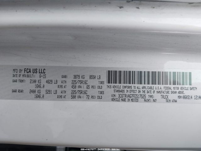 3C6TRVAG7FE517525 RAM Promaster 1500 Low Roof