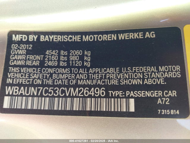 41627261 :رقم المزاد ، WBAUN7C53CVM26496 vin ، 2012 Bmw 135i مزاد بيع
