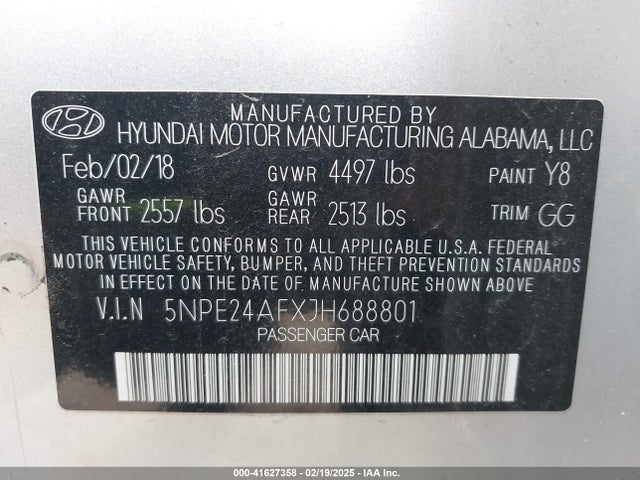 5NPE24AFXJH688801 Hyundai SONATA SE