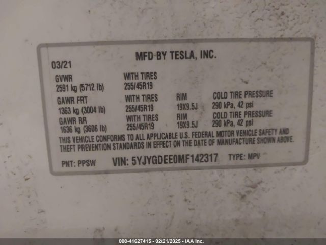 5YJYGDEE0MF142317 Tesla Model Y Long Range Dual Motor All-wheel Drive