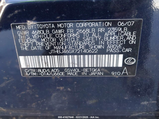 Продажа на аукционе авто 2007 Lexus Es 350, vin: JTHBJ46GX72140622, номер лота: 41627646