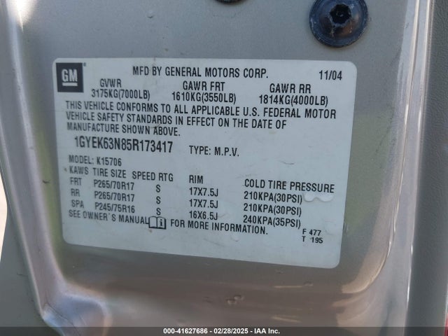 2005 CADILLAC ESCALADE 1GYEK63N85R173417 Photo 8