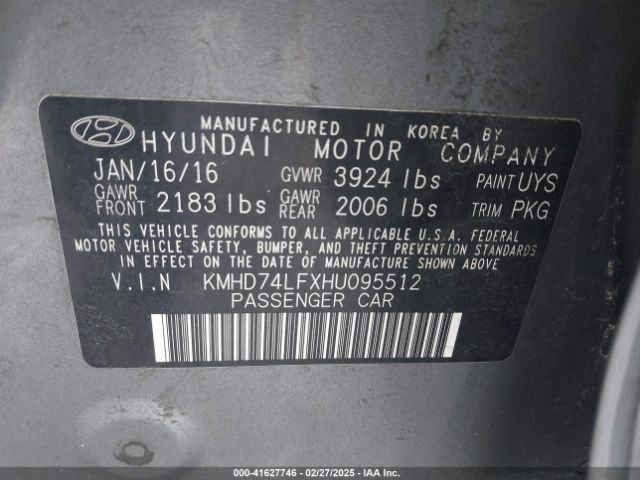 KMHD74LFXHU095512 Hyundai ELANTRA SE