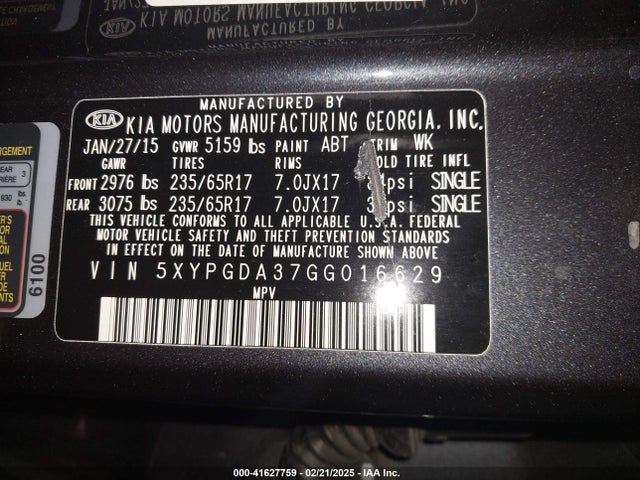 5XYPGDA37GG016629 KIA Sorento 2.4l Lx