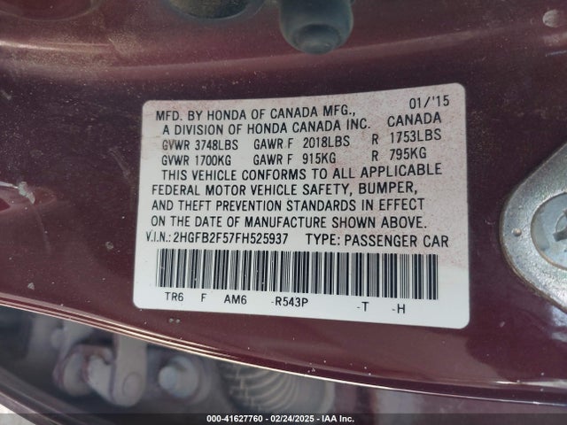 Honda Civic Lx 2015 2HGFB2F57FH525937 Image 9