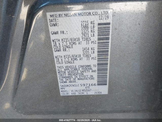 5N1DR2CN1LC597166 Nissan Pathfinder Sl 2wd