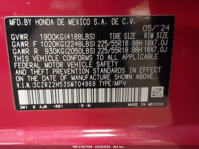 3CZRZ2H53SM704969 Honda Hr-v Awd Sport