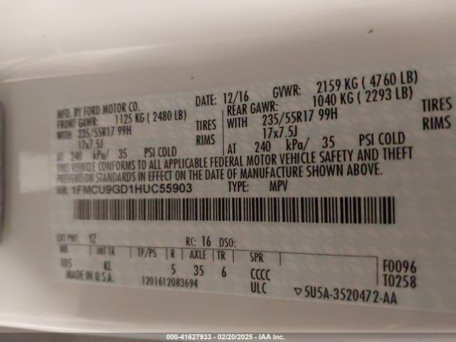 1FMCU9GD1HUC55903 Ford ESCAPE SE