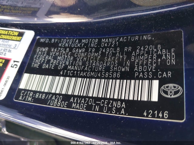 4T1C11AK6MU458586 Toyota CAMRY LE