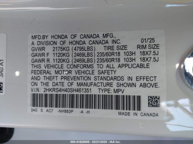 2HKRS4H40SH461351 Honda Cr-v Ex Awd
