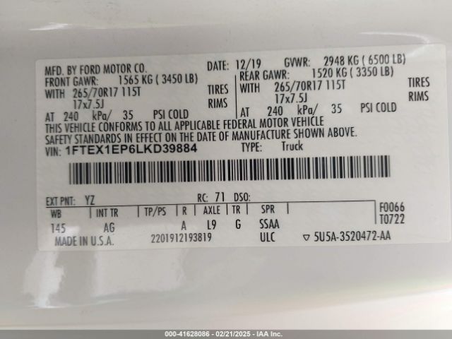 1FTEX1EP6LKD39884 Ford F-150 Xl