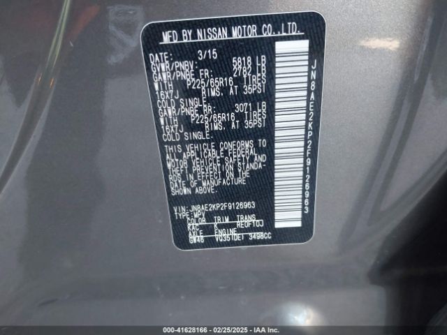 JN8AE2KP2F9126963 Nissan Quest Platinum/s/sl/sv
