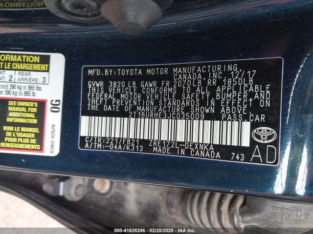 Toyota COROLLA LE 2018 2T1BURHE3JC035009 Image 9