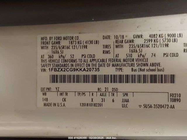 1FBZX2CG9KKA20735 Ford Transit-350 Xlt