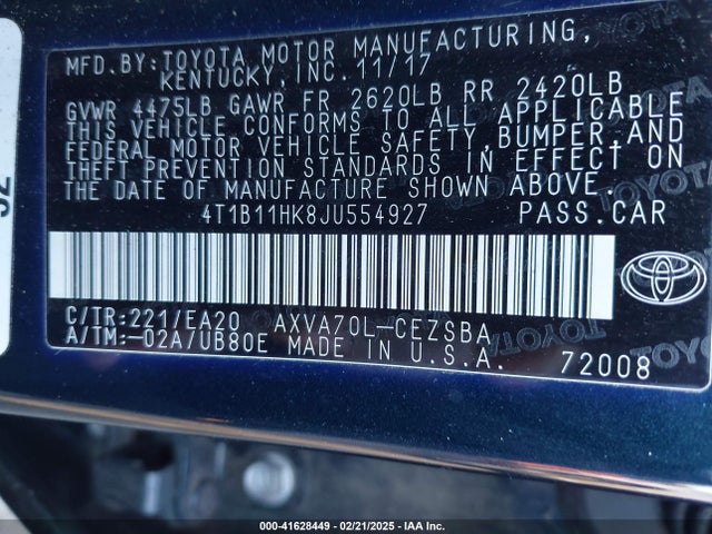 4T1B11HK8JU554927 Toyota CAMRY SE