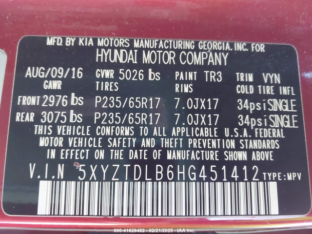 5XYZTDLB6HG451412 Hyundai Santa Fe Sport 2.4l